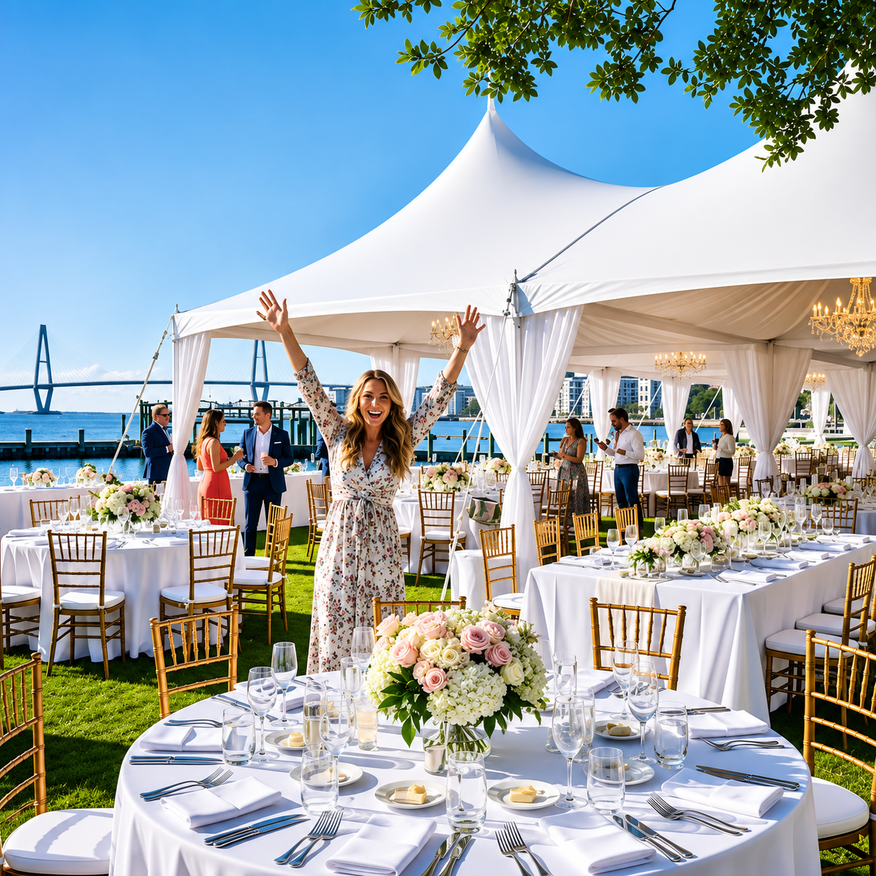 Real outdoor wedding ceremony setup with rows of white chairs on a deck